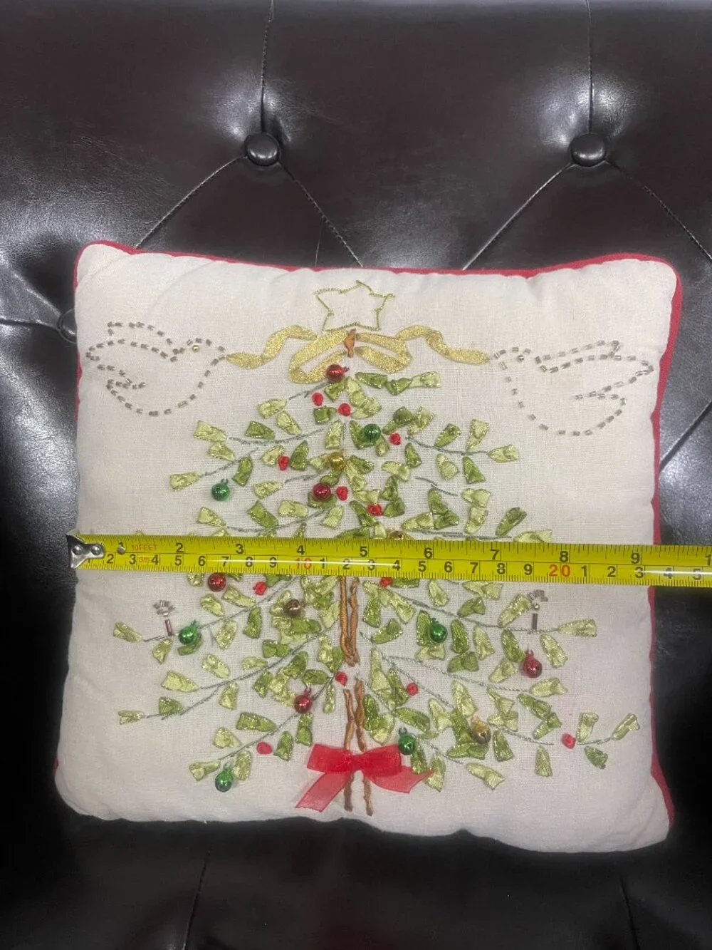 Christmas Tree Ribbon Embroidered Beaded Holiday Accent Pillow 10x10